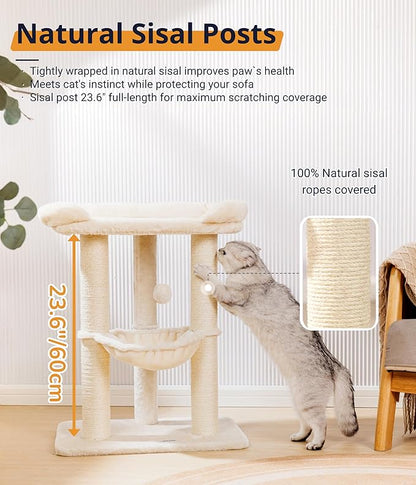 Happi N Pets 28" Cat Tree Tower, Tall Cat Scratching Post with Soft Perch for Window Viewing, Large Bed for Big Cats, Stable & Compact Cat Tower with Hammock, Removable Cover-Beige