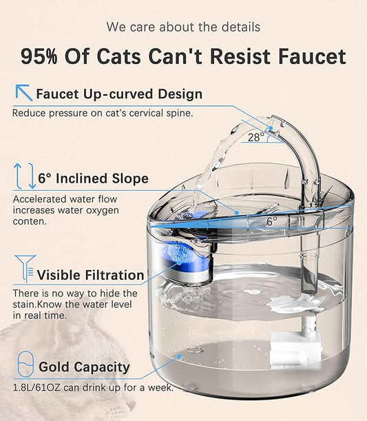 HAPUP Cat Water Fountain Animal Water Dispenser 61OZ/1.8L Automatic Pet Drinking Fountain Clear Upgrade with 2 Filter Replacement 1 Adjustable Silent 1 Water Pump for Cats Kitty Indoor