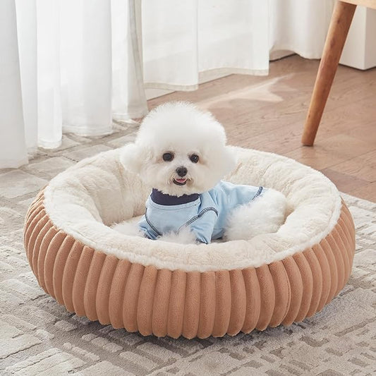 23 inches Donut Dog Bed for Small Dogs - Calming Round Puppy Bed with Removable Cover, Washable Milk Plush Faux Fur Pet Bed for Cats, Fits Pets up to 15 lbs(Mocha,Small)