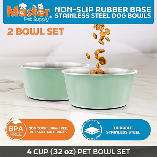 Master Pet Supply Stainless Steel Dog Bowls Set of 2 (32 Oz Each) with Non-Slip Rubber Base - Pistachio - Basic Dog Food Bowl Water & Food Bowls for Small Medium Large Dogs & Cats, Metal Dish