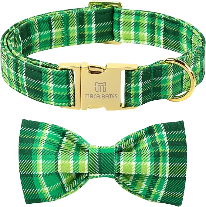 Maca Bates St. Patrick's Day Irish Plaid Dog Collar with Fancy Bow Tie,Shamrock Green Gingham Pattern for Small Girl Boy Dogs,Adjustable Durable Soft Collars Gift for Male Female Puppy