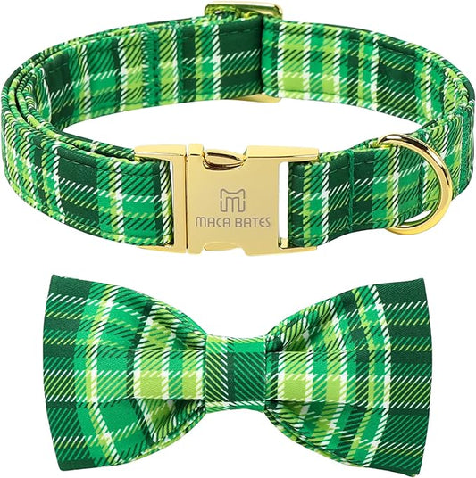Maca Bates St. Patrick's Day Irish Plaid Dog Collar with Fancy Bow Tie,Shamrock Green Gingham Pattern for Small Girl Boy Dogs,Adjustable Durable Soft Collars Gift for Male Female Puppy