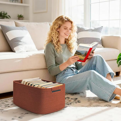 3 Pack Large Storage Basket for Organizing, 17.5"x13"x7" Woven Basket for Shelves, Closet Cube Storage Bins with Wrapped Handle, Cotton Rope Baskets for Kitchen, Clothes, Toys(Oxide Red)