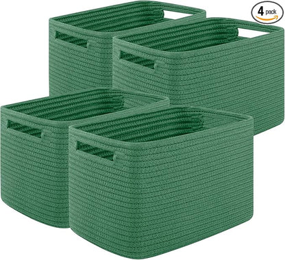 Storage Baskets for Organizing, Woven Decorative Baskets for Shelves - Books, Towels, and Clothes, Cotton Rope Toy Storage Bins, 12.7''Lx9''Wx7.8''H, Pack of 4, Green