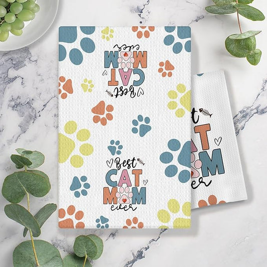 Best Cat Mom Ever Kitchen Towels, Cat Mom Lady Lover Gifts for Women, Cute Kitty Kitten Paw Decorative Dish Tea Hand Towels for Kitchen Bathroom, 16x24 Inches(Style A)