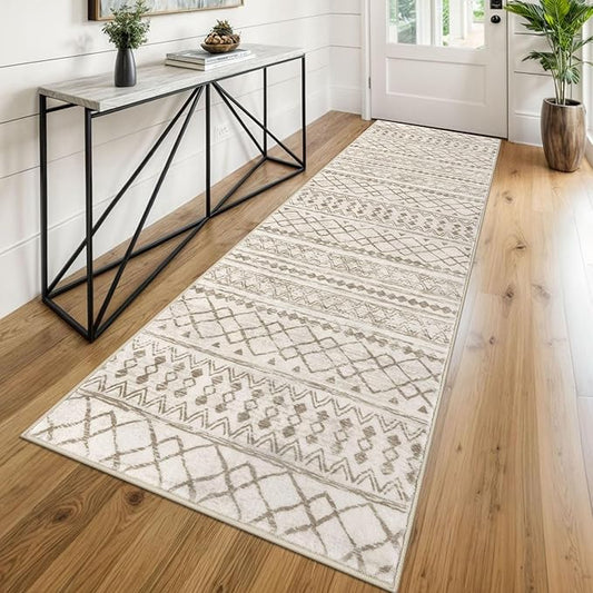 KUTA Moroccan Washable Runner Rug 2.6x8, Non-Slip Vintage Beige Boho Hallway Runners Kitchen Rugs Ultra Soft Print Distressed Geometric Floor Carpet for Bedroom Laundry Living Room