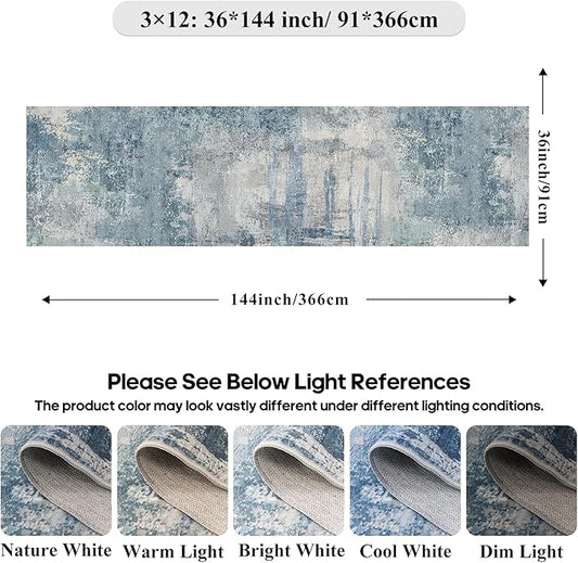 Washable 3x12 Hallway Runner Rug: Washable Non-Slip Carpet for Long Entryways Kitchen Living Room - Abstract Modern Neutral Thin Low Pile Runners 3x12 Blue