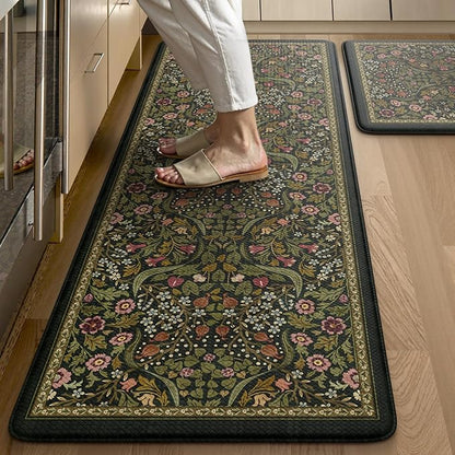 Collive Kitchen Mats for Floor 2PCS, Cushioned Anti Fatigue Rugs Non-Slip Waterproof Kitchen Sink Mat, Green Floral Standing Mat for Bar, Office, Desk, Home Decor