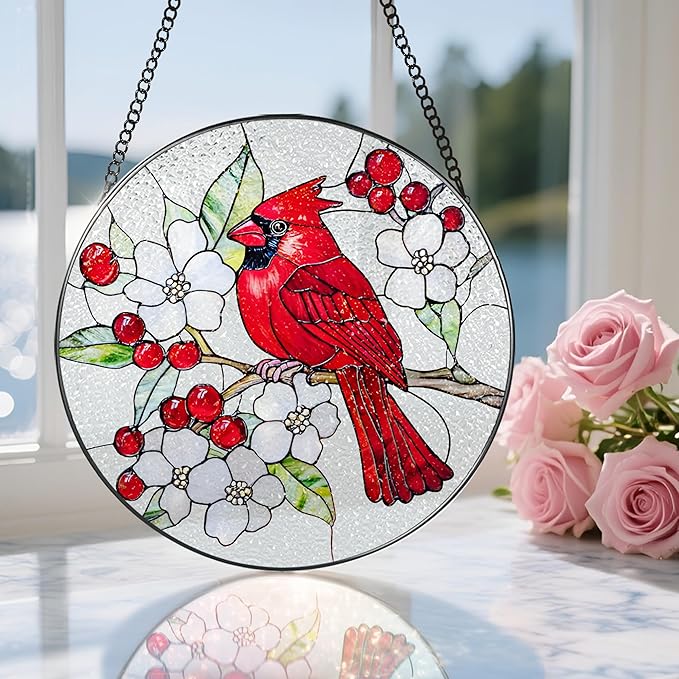 8″ Cardinal Stained Glass Suncatcher, Stained Glass Window Hanging Ornament, Red Bird Decor, Christmas Ornaments | Cardinal Memorial Gifts, Bird Lover Gift, Gifts Ideas
