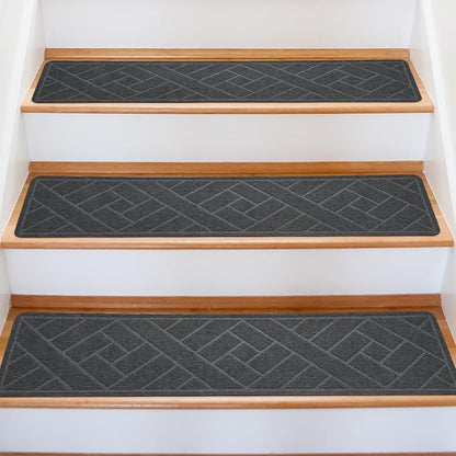 15 Pack 8 "X 30" Non-Slip Carpet Stair Treads for Indoor Wooden Steps, Made of Polyester and Reusable Adhesive, Suitable for Kids Elders and Pets（Grey Lines）