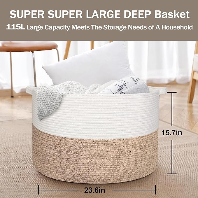 115L Super Large Blanket Basket, 23.6"x15.7" Oversized Cotton Rope Woven Basket for Toys, Towels, Shoes, Laundry, XXXL Jumbo Storage Bin for Blankets for Living Room, Toy Organizer, Brown
