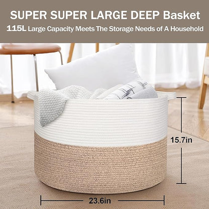 115L Super Large Blanket Basket, 23.6"x15.7" Oversized Cotton Rope Woven Basket for Toys, Towels, Shoes, Laundry, XXXL Jumbo Storage Bin for Blankets for Living Room, Toy Organizer, Brown