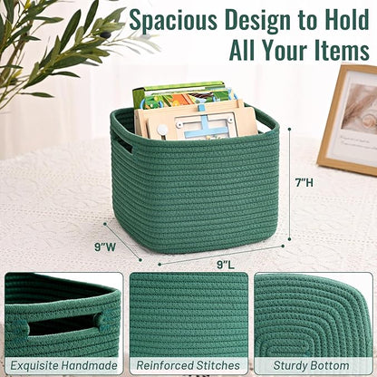 3 Pack Cube Storage Bin, 9”x9”x7” Cotton Rope Woven Baskets for Organizing Toys Clothes Towels, Square Gift Storage Baskets for Shelves, Nursery, Closet, Bathroom, Pantry (Green)