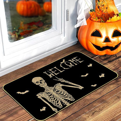 Halloween Skull Doormat - Funny and Spooky Welcome Mat, Low-Profile Non-Slip Entr Door mat Living Room Kitchen Floor Mat Home Halloween Indoor Outdoor Decoration - 17" x 29"
