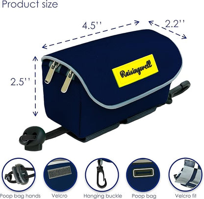 Dog Poop Bag Holder for Leash, 2 Waterproof Zipper Pouches, Dog Treat Pouch for Pet Walking Accessories, with Dispenser, Training Clicker and 1 Free Roll (Blue)
