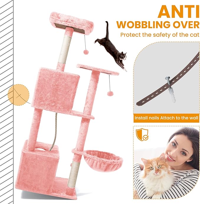 Cat Tree, 54-Inch Cat Tower for Indoor Cats, Soft Plush Multi-Level Climbing Cat Condo with Scratching Posts, Basket, Perches,2 Caves,2 Pompoms Play House for Cat(Pink)