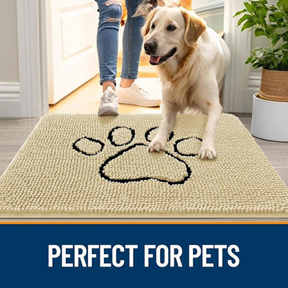 OLANLY Dog Door Mat for Muddy Paws 48x30, Paw Print Design, Absorbs Moisture and Dirt, Absorbent Non-Slip Washable Doormat, Quick Dry Chenille Mud Mat for Dogs, Entry Indoor Entryway Carpet, Sand