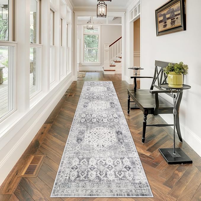 Hallway Washable Runner Rug 2'6x10 - Kitchen Runner Rugs Indoor Non Slip Rugs for Living Room Bedroom Vintage Distressed Mat Stain Resistant Floor Decoration Carpet for Bathroom (2'6''x10', Grey)