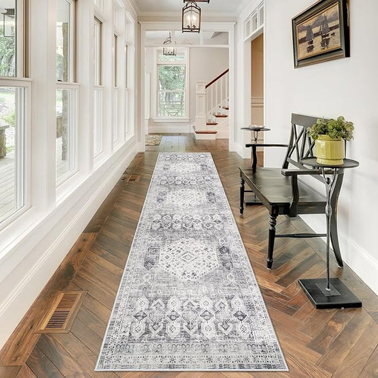 Hallway Washable Runner Rug 2'6x10 - Kitchen Runner Rugs Indoor Non Slip Rugs for Living Room Bedroom Vintage Distressed Mat Stain Resistant Floor Decoration Carpet for Bathroom (2'6''x10', Grey)