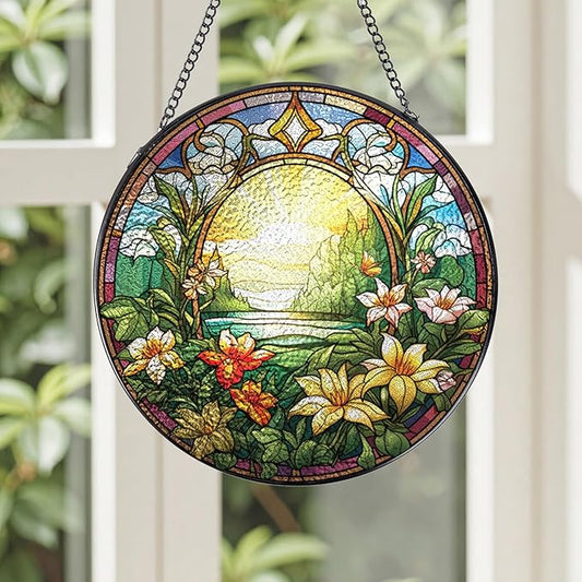Wildflowers Stained Glass Window Hanging Decor, 7.8″ Floral Sun Catchers Stain Glass Window Hanging with Hook Indoor, Suncatcher Home Garden Art Gift for Thanksgiving Christmas Housewarming
