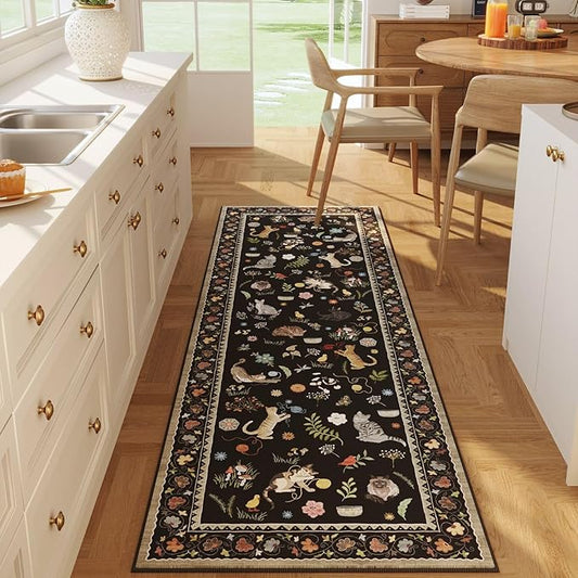 Rugcomf 2x5 Runner Rug - Floral Cat Machine Washable Kitchen Rug, Non-Slip Low Pile Boho Carpet for Hallways, Laundry, Entryway, Bedroom, Bathroom - Black