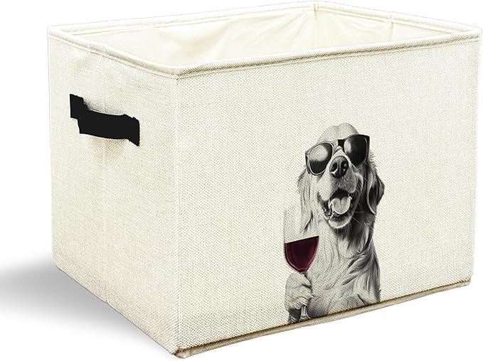Funny Golden Retriever and Wine Dog Toy Basket, Golden Retriever Lovers Gifts Collapsible Pet Dog Toy Storage Bin Box Basket Organizer, Pet Supplies for Dogs