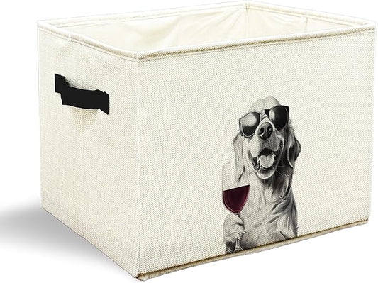 Funny Golden Retriever and Wine Dog Toy Basket, Golden Retriever Lovers Gifts Collapsible Pet Dog Toy Storage Bin Box Basket Organizer, Pet Supplies for Dogs