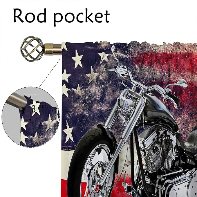 Motorcycle Blackout Curtains for Home Decor,custom black motorcycle american flag background Rod Pocket Thermal Insulated Drapes Darkening Window Curtain for Girls Boy Bedroom Living Room 55 x 63 Inch