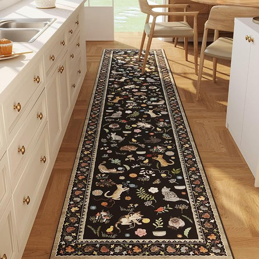 Rugcomf 2'7"x12' Kitchen Runner - Floral Cat Washable Long Hallway Runner Rug Non Slip, Boho Carpet for Entryway, Hall, Bathroom - Black