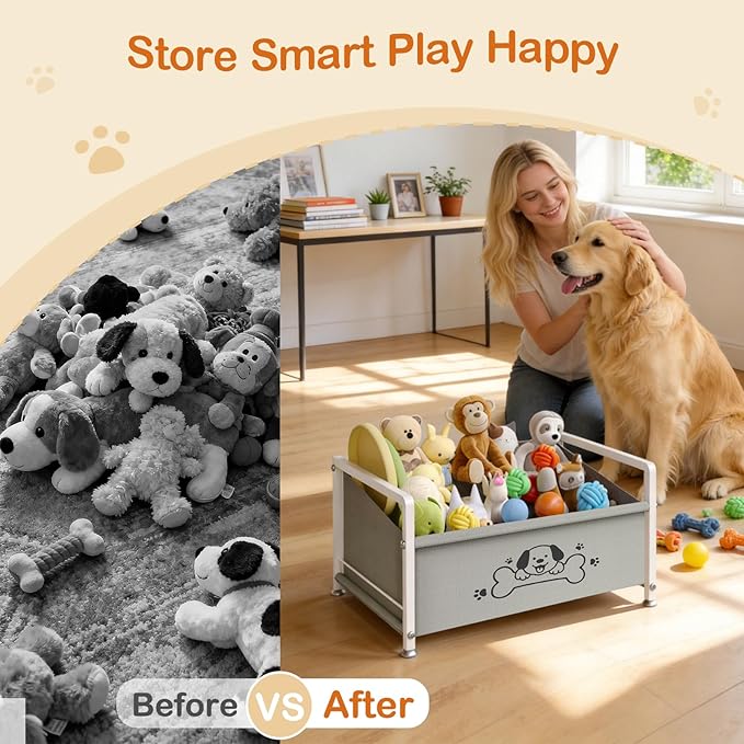 Dog Toy Basket for Storage, Metal Frame Oxford Fabric Pet Toy Organizer with Raised Legs, Large Capacity Dog Toy Bin with Front Low Opening, Washable and Durable Design