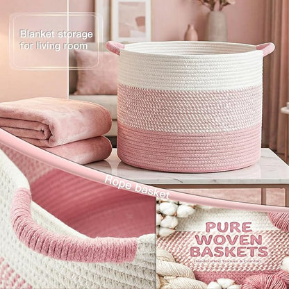 40L Large Cotton Rope Basket, Decorative Woven Blanket Storage for Living Room, Boho Toy Storage & Toy Box for Kids, Versatile Laundry Basket & Nursery Hamper for Blankets(Pink)