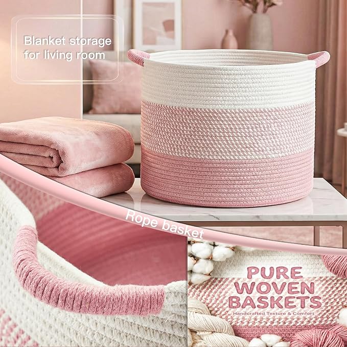 70L Large Cotton Rope Basket, Decorative Woven Blanket Storage for Living Room, Boho Toy Storage & Toy Box for Kids, Versatile Laundry Basket & Nursery Hamper for Blankets(Pink)