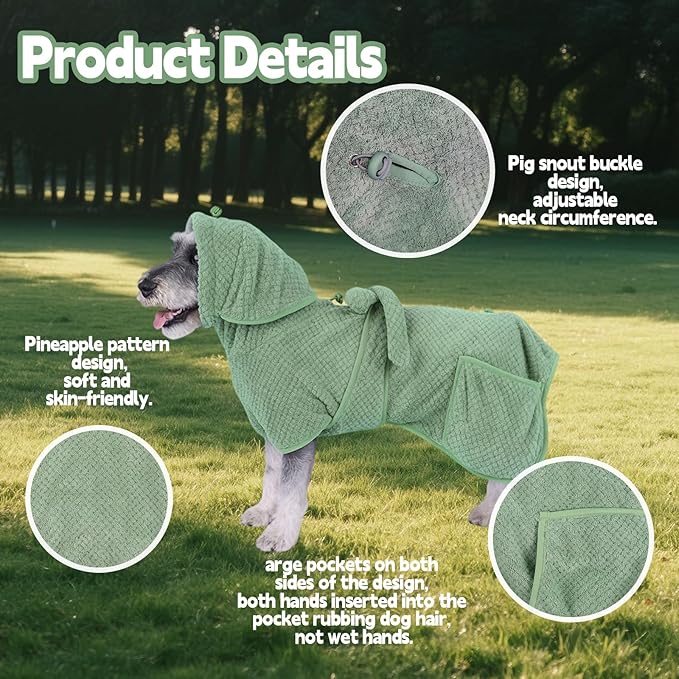 Super Absorbent Dog Bathrobe Pineapple Soft Fast Drying Dogs Towel Robe Adjustable Drying Coat for After Bath with Hood (Pineapple Green, Medium)