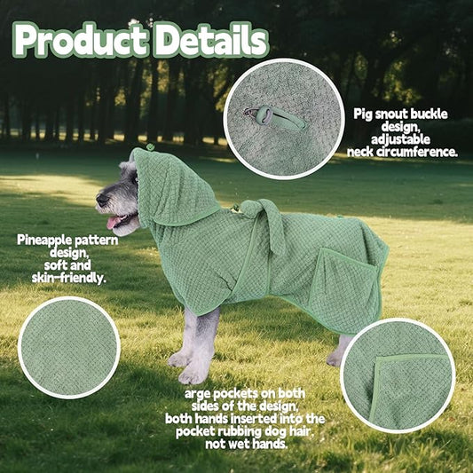 Super Absorbent Dog Bathrobe Pineapple Soft Fast Drying Dogs Towel Robe Adjustable Drying Coat for After Bath with Hood (Pineapple Green, Medium)