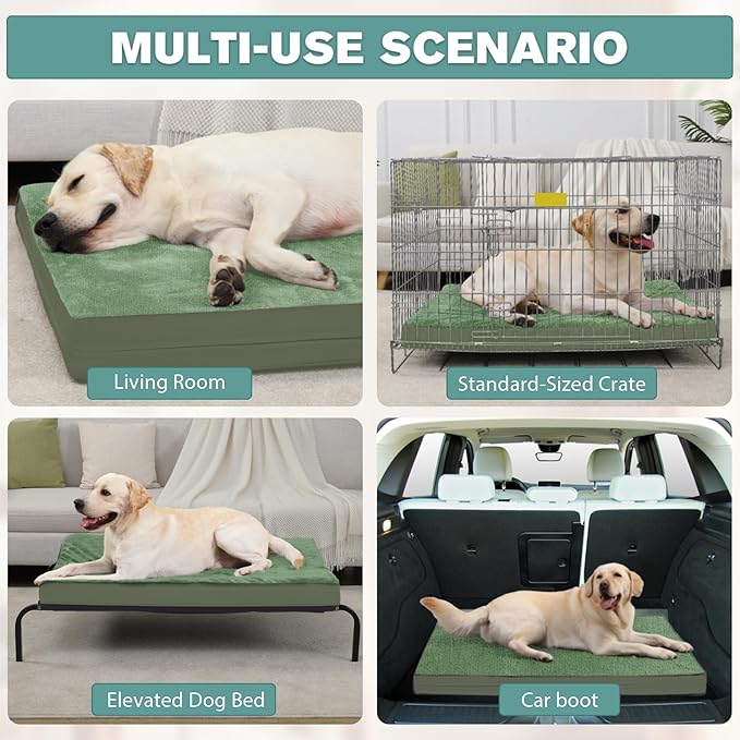Outdoor Waterproof Dog Beds Large Sized Dog Washable, XL Leather Crate Pad 42 inch, Extra Large Orthopedic Foam Pet Bed with Removable Cover Reversible, Anti-Slip Kennel Pad, 41"x27", Green