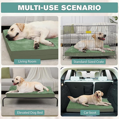 Outdoor Waterproof Dog Beds Large Sized Dog Washable, XL Leather Crate Pad 42 inch, Extra Large Orthopedic Foam Pet Bed with Removable Cover Reversible, Anti-Slip Kennel Pad, 41"x27", Green