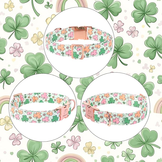 St. Patrick's Day Dog Collar for Large Dogs - Lucky Clover Pastel Dog Collars, Irish Spring Shamrock Pet Collars, Adjustable Heavy Duty Dogs Collar with Metal Buckle XL