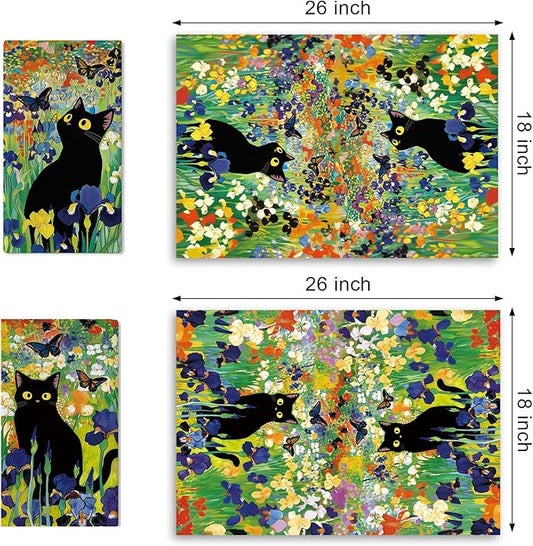 Spring Summer Black Cat Floral Kitchen Dish Towels Set of 2, Iris Flower Butterfly Drying Hand Towel Baking Cooking Cloth, Wildflower Bathroom Home Decoration Pet Cat Owner Lover Gift 18''x26''