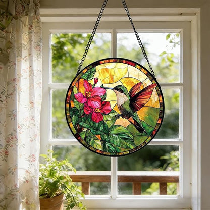 Stained Glass Suncatcher, Hummingbird Red Flowers Green Leaves Sun Catcher Stain Glass Window Hanging Decoration Mother's Day Birthday Gifts for Bird Lover Women Men Mom Nana 9.8 in