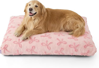 LE SURE Extra Large Dog Bed-Thick Shredded Chopped Foam Pet Bed as Gift for Indoor with Removable Cover, Cute Modern Fuzzy Plush & Anti Slip Bottom,Bow Pink