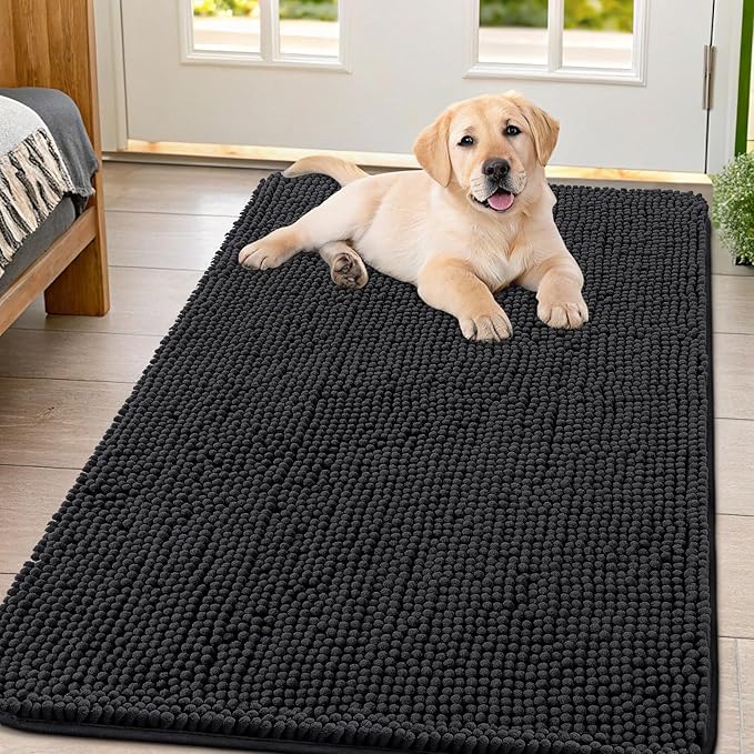 Smiry Dog Door Mat for Muddy Paws 44x32, Absorbs Moisture and Dirt Doormat, Non-Slip Washable Quick Dry Chenille Front Door Mat Indoor Entrance, Entryway Carpet for Inside Floor, Black