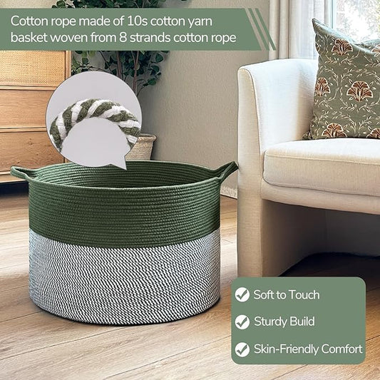 INDRESSME INDRSSME Large Laundry Storage Basket, 21.7 x13. 8 - Decorative Rope Blanket Basket for Organizing Bedroom, Living Room, Nursery, Toy Storage for Colthes Towel, Empty Gift Baskets -Green