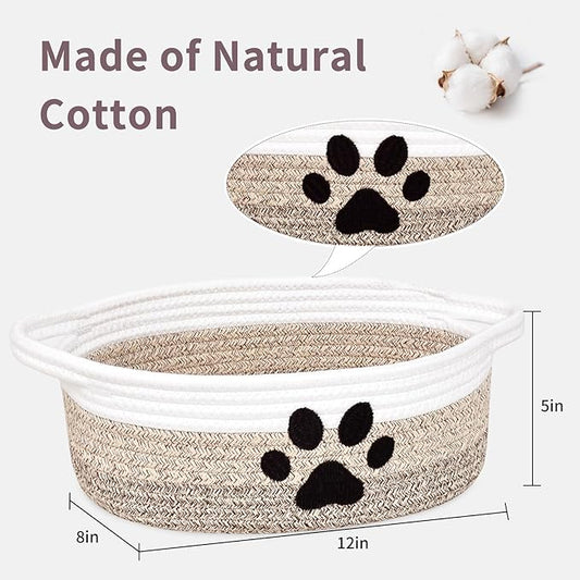 ABenkle Small Woven Basket with Handle, Cute Dog Paw Baskets for Gifts Empty, Decorative Rope Woven Storage Dog Toy Basket, Nursery Baskets for Baby Shower, 12" x 8" x 5"