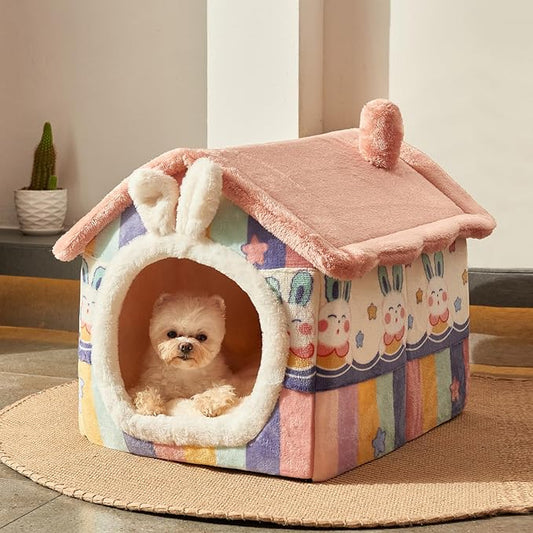 JIUPETY Cute Cat Houses for Indoor Cats, Dog Bed with Cover Cave, M Size Cat Cave for 7-14 Lb Dogs and 9-17 Lb Cats, Igloo Dog House with Non-Slip Bottom, Rainbow