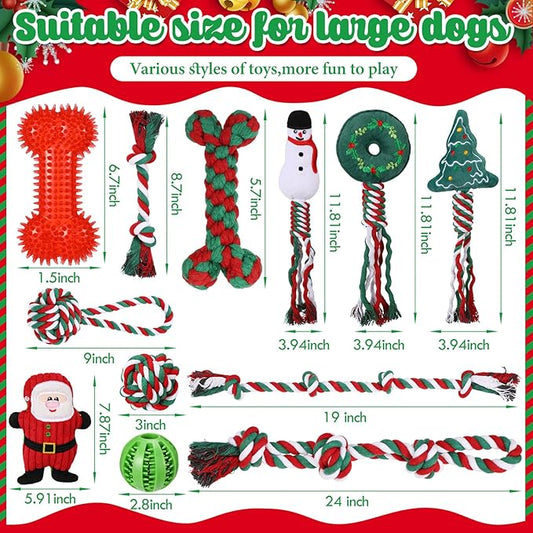 Vinsot 12 Pack Christmas Dog Gifts Large Dog Chew Toys for Aggressive Chewers Red Green White Teething Toys with Dental Rope Squeaky Balls and Chew Bone for Medium Large X-Large Breeds Dogs