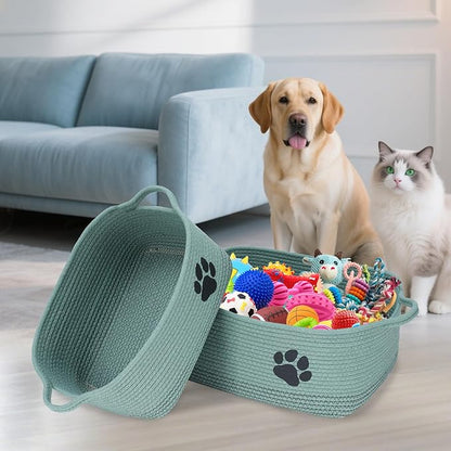 Set of 2 Woven Dog Toys Basket,Green Baskets for Dog Cat Toy,100% Cotton Rope Pet Toy Bin with Handles,Puppy Bed,Dog Storage Organizer for Toys,Collar,Leash,Nursing Supplies