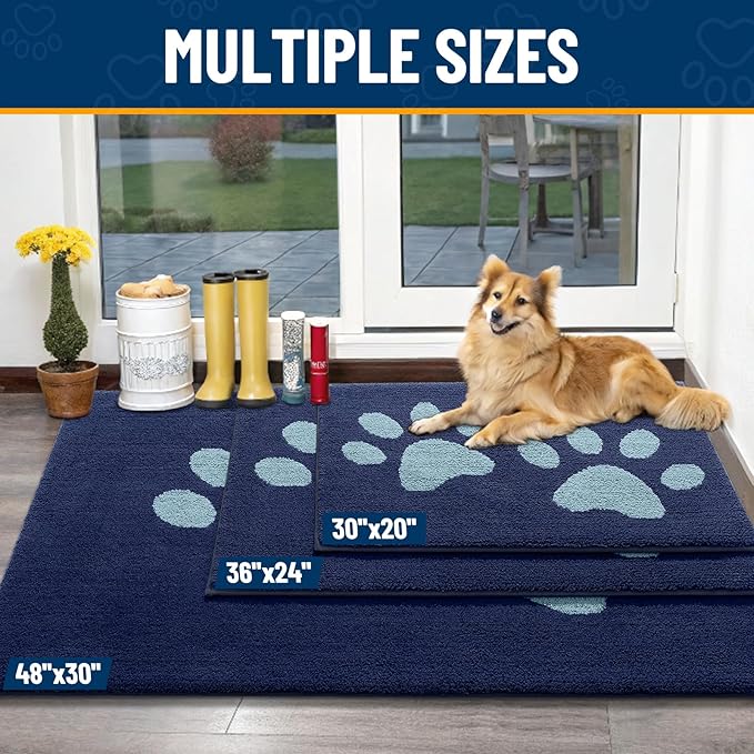 Smiry Dog Door Mat for Muddy Paws, Absorbs Moisture and Dirt, Low-Profile Entryway Mat with Non-Slip Backing, Entry Indoor Outdoor Doormat for Inside Floor (59x24 Inches, Dark Blue, Paw)