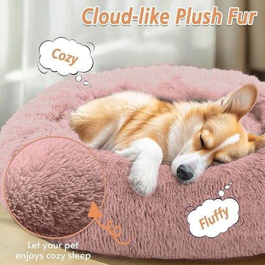 JOLLYVOGUE Calming Dog Beds Large Sized Dog, 36in Donut Washable Large Pet Bed, Anti-Slip & Anti-Anxiety Fluffy Faux Fur Round Dogs Bed, Fits up to 80 lbs Pets (Dark Pink)