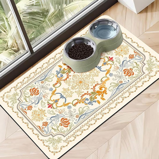 Dog Food Mat Absorbent,Pet Mat for Floors Waterproof Quick Dry Dog Bowl Mat for Food and Water No Stains Non Slip Cat Feeding Mat Pet Supplies 12"×20" Beige Persian Style