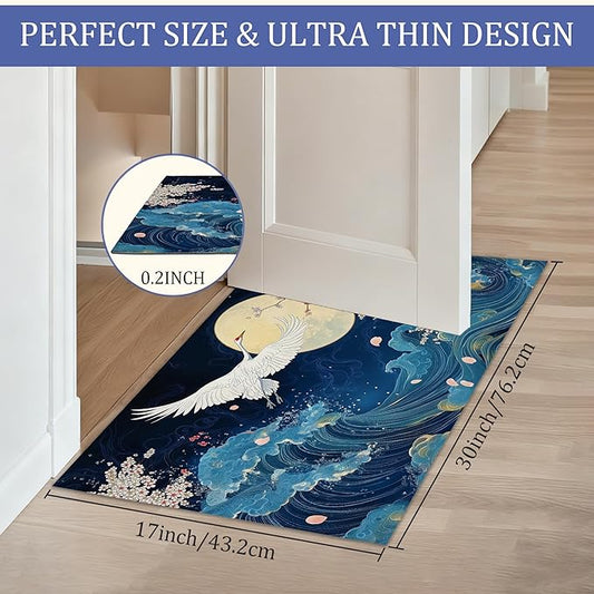 Indoor Rugs for Entryway,White Crane Welcome Mat for Home,Vintage Blue Sea Wave Low Profile Entrance Rugs Non-Slip Doormats for Back Door Patio, Porch,Home Stairway,30 x 17 Inch